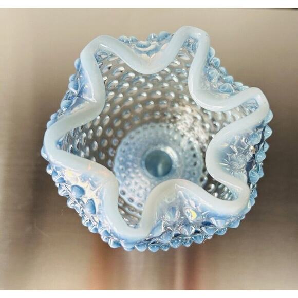 EUC Duncan Miller Blue Opalescent Glass Footed Hobnail Vase Ruffle Crimped - Picture 6 of 16